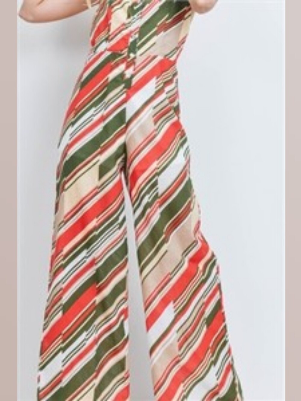 PEACH LOVE CALIFORNIA Striped Halter Palazzo Pants Jumpsuit in Olive & Rust - Picture 7 of 11